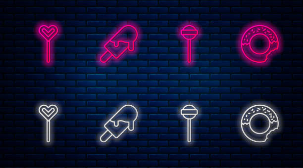 istock Set line Ice cream, Lollipop, and Donut. Glowing neon icon on brick wall. Vector 1921462815