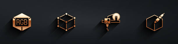istock Set RGB and CMYK color mixing, Isometric cube, 3D printer and 3d pen tool icon with long shadow. Vector 1921475235