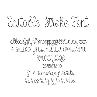 Editable Stroke Outline Font. Handwritten Monoline Alphabet. Hand written Script Type. Vector Letters and Numbers Typography.