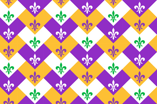 Mardi Gras Seamless Geometric Pattern with Fleur de Lis Flower. Yellow, Purple, Green and White Vector Background with Carnival Festive Heraldic Flower.