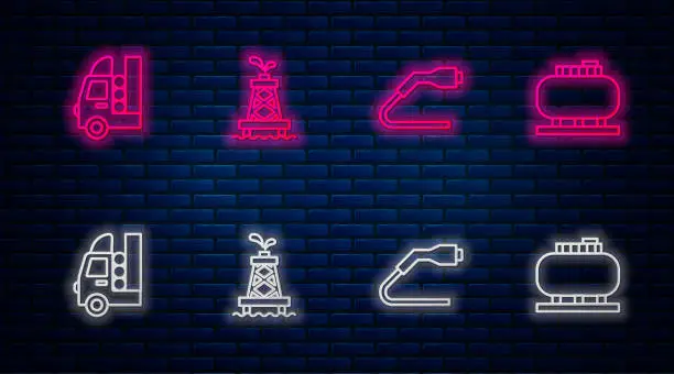 Vector illustration of Set line Oil rig, Electrical cable plug charging, Gas tank for vehicle and storage. Glowing neon icon on brick wall. Vector