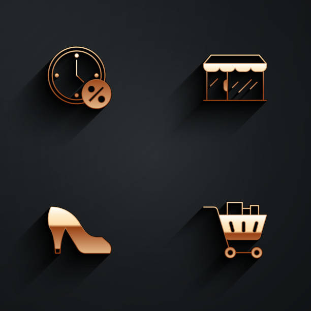 illustrations, cliparts, dessins animés et icônes de réglez l’horloge et le pourcentage de réduction, le magasin du marché, la chaussure de femme et l’icône de nourriture du panier d’achat avec une longue ombre. vecteur - clock face store time sign