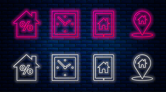 Set line Clock, Tablet and smart home, House with percant discount tag and Map pointer with house. Glowing neon icon on brick wall. Vector