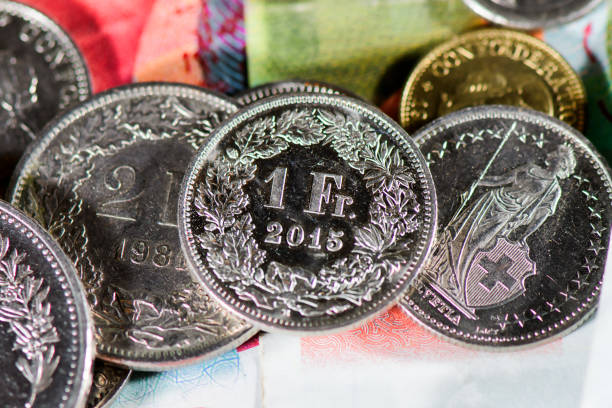 Swiss Franc coins on white background