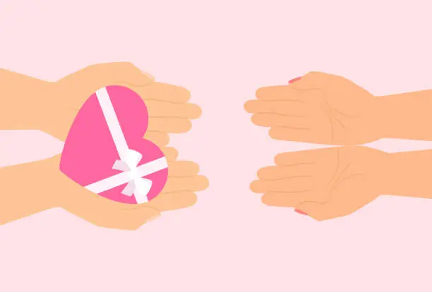 Vector illustration of Male Hands Giving Heart Shaped Gift Box To Female Hands. Valentine's Day Concept. High Angle View Of Hands On Pink Background