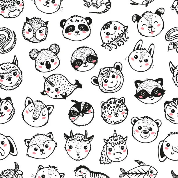 Vector illustration of Cute Animal Heads Seamless Pattern. Cartoon Funny Baby Animals Faces. Childish Background. Black and White Vector Illustration