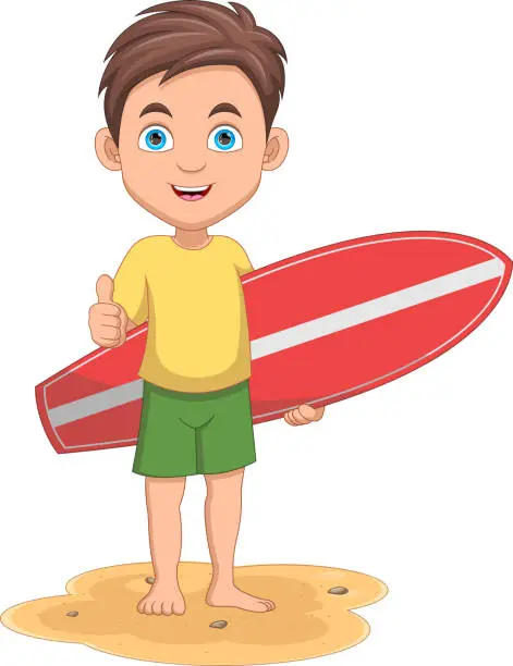 Vector illustration of Little Boy carrying a surfboard cartoon