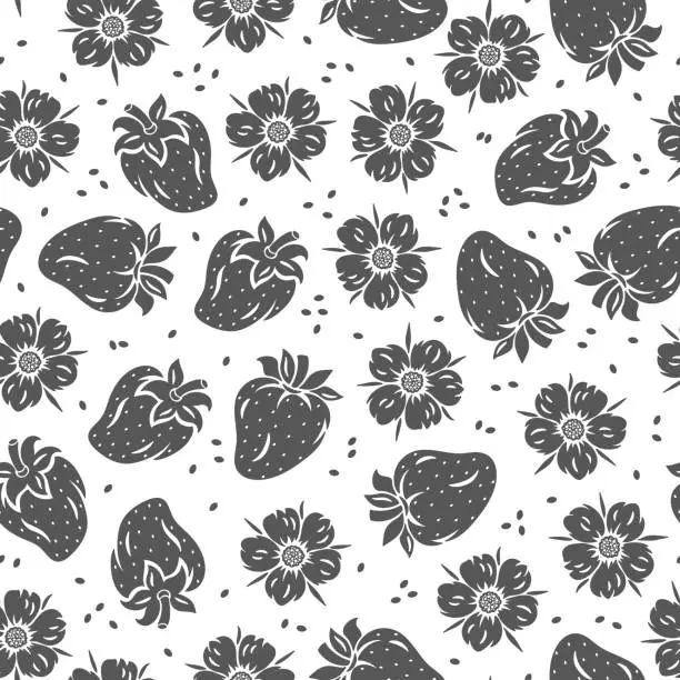 Vector illustration of Vector Strawberries Seamless Pattern. Berry and Flower of Strawberry. Berries Black and White Background. Fruit Wallpaper. Great for Textile, Wrapping Paper, Packaging etc.