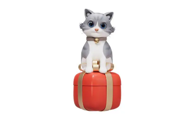 3D cartoon style cute cat and gift box, 3d rendering. 3D illustration.