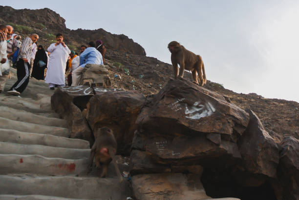 イスラム教徒の巡礼者とジャバル・アル・ヌール山でのモンキークライミング - ヒラーの洞窟 ストックフォトと画像