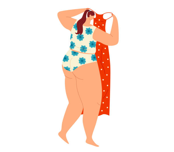 Curvy woman trying on summer dress, looks over shoulder. Body positivity, fashion choice vector illustration Curvy woman trying on summer dress, looks over shoulder. Body positivity, fashion choice vector illustration. polka dot bathing suit stock illustrations