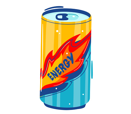 Colorful energy drink can with fiery design and bold word ENERGY . Vivid colors and dynamic flame graphic on a beverage can.