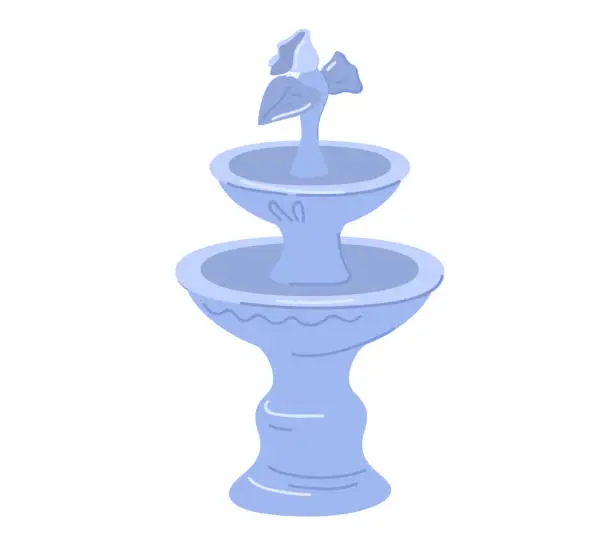 Vector illustration of Blue garden water fountain with decorative birds. Peaceful backyard decor and relaxation concept. Garden ornament and water feature vector illustration