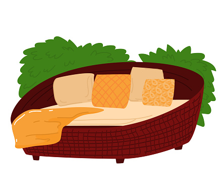 Vector illustration of a red circular sofa with green pillows and orange cheese-like cushions. Cozy modern furniture concept with quirky cushion design.