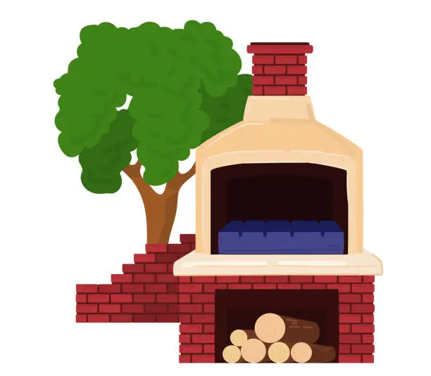 Vector illustration of Outdoor brick pizza oven with chimney and wood storage under. Tree in background. Garden cooking and homemade cuisine vector illustration