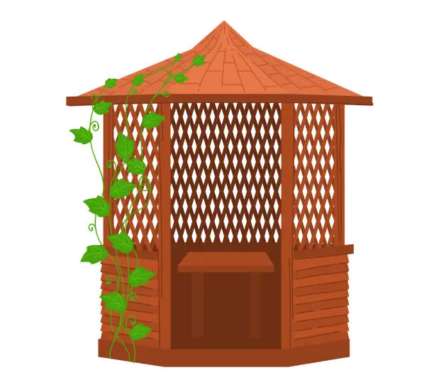 Vector illustration of Wooden garden gazebo with lattice sides and climbing plants. Botanical garden wooden pavilion with vines vector illustration