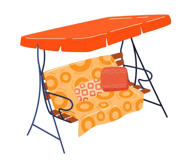 Vector illustration of Colorful garden swing with orange patterned cushions. Patio furniture and backyard relaxation. Summer outdoor leisure time vector illustration