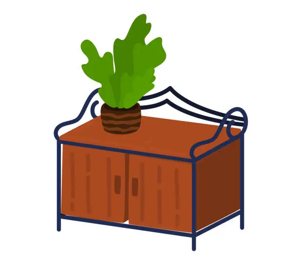 Vector illustration of Wooden sideboard furniture with indoor plant on top. Modern cabinet with houseplant decoration interior vector illustration