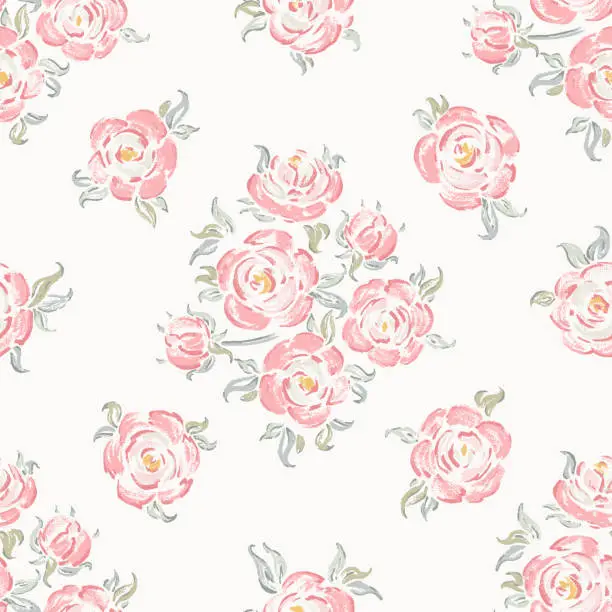 Vector illustration of Pink Roses. Rose Flower Bouquets Seamless Pattern. Flowers and Leaves. Vintage Floral Background. Shabby chic Wallpaper. Millefleurs Liberty Style Design. Vector Illustration