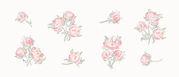 Vector illustration of Vector Vintage Bouquets of Pink Roses Set. Rose Flower Shabby Chic Collection. Flowers and Leaves. Millefleurs Liberty Style Design.