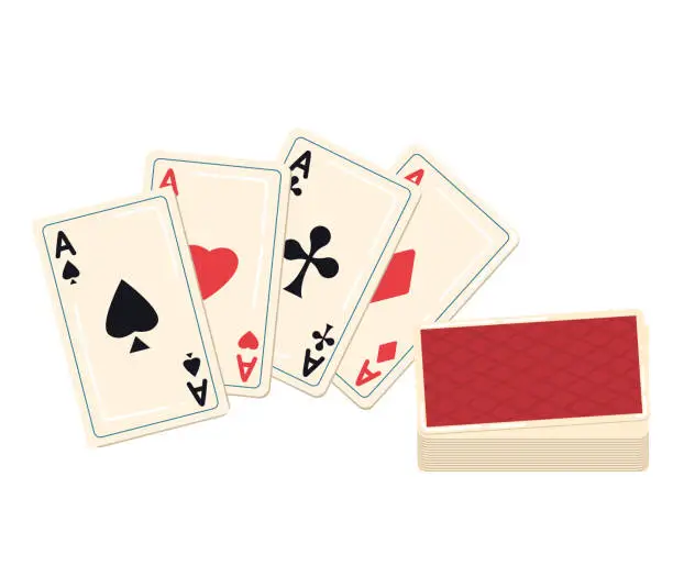 Vector illustration of Ace cards of all suits with red back design. Cards depicting aces of spades, hearts, clubs, and diamonds vector illustration