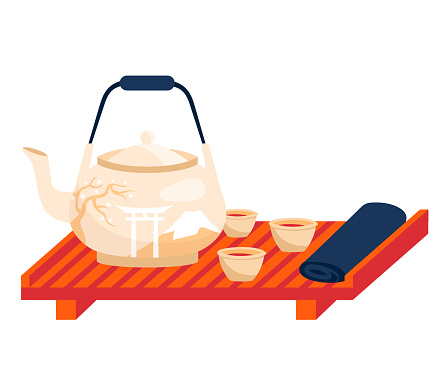 Transparent teapot with cups on a red tray, Asian tea ceremony. Tabletop with a decorative tea set, traditional drink concept vector illustration.
