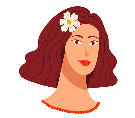 Red-haired woman with a daisy flower in hair, wearing a red necklace, neutral expression. Beauty portrait, serene female, summer theme vector illustration.