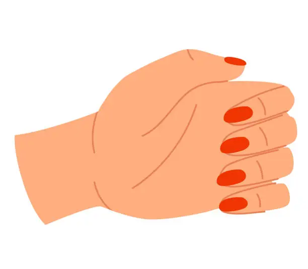 Vector illustration of Close-up of a female hand with red nail polish. Woman s hand illustration. Feminine hand gesture vector illustration