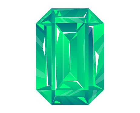 Emerald gemstone illustration. Shiny green faceted jewel, luxury gem, isolated on white. Precious stone and wealth concept vector illustration.