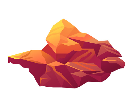 Low poly crystal rock formation in orange and red hues. Abstract geometrical polygonal design. Modern digital art vector illustration.