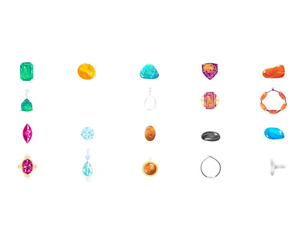 Vector illustration of Assorted precious gemstones and jewelry pieces arranged on a white background. Colorful gems, rings, and earrings set design. Luxury accessories and fashion elements vector illustration