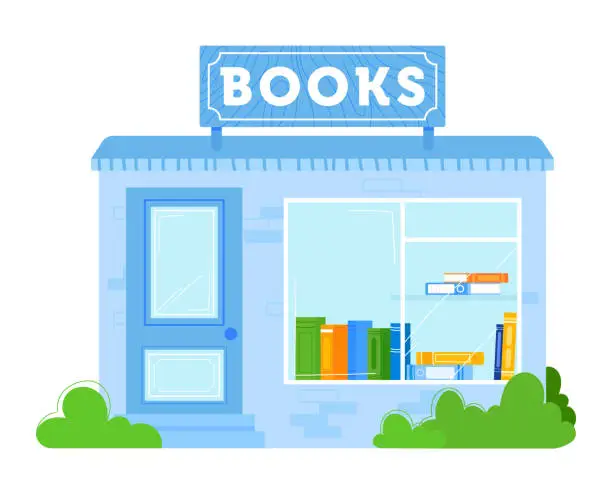 Vector illustration of Quaint bookshop front with colorful books on display, blue facade and book sign. Cozy bookstore exterior, urban reading place vector illustration