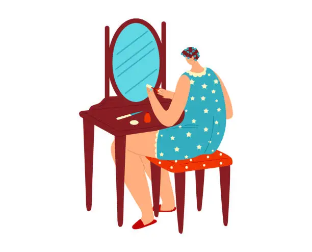 Vector illustration of Woman in blue pajamas with stars applying makeup at vanity table. Female in nightwear getting ready morning routine. Everyday beauty ritual vector illustration