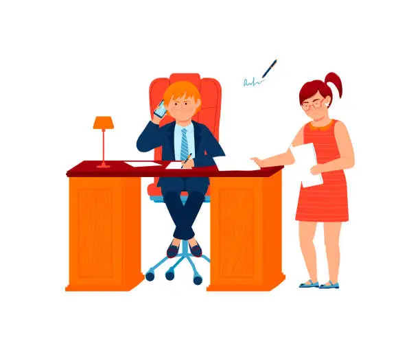 Vector illustration of Man in suit at desk multitasking with phone and notes, secretary with papers. Business teamwork in office. Vector illustration.