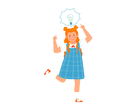 Red-haired school girl in uniform has an idea with a light bulb overhead. Little student points up. Innovation in education and smart kid concept vector illustration