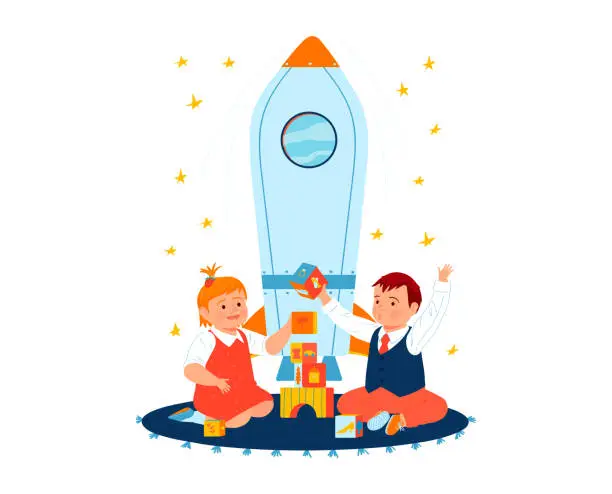 Vector illustration of Two young children play with toy blocks and a rocket. Boys in playful learning and space exploration. Early education and imagination growth vector illustration