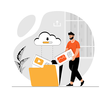 Data storage. Cloud service concept. Man uploaded files to the cloud storage. Illustration with people scene in flat design for website and mobile development.