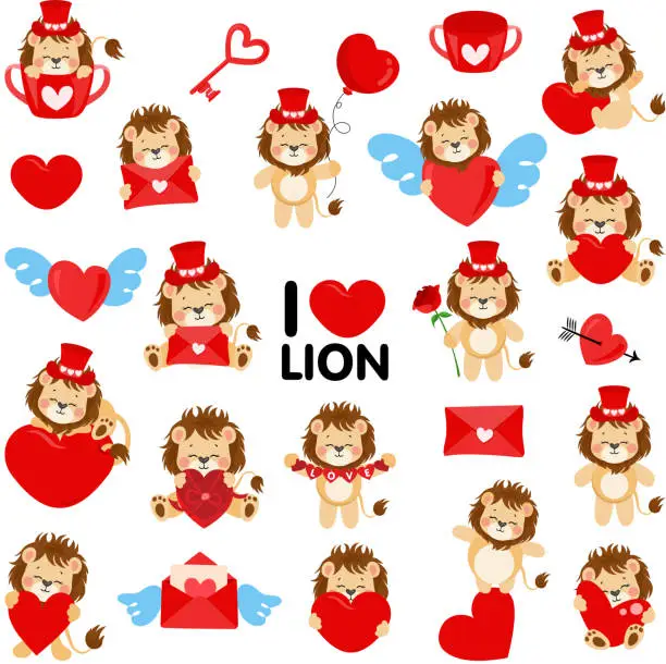 Vector illustration of Set of funny love valentine lion