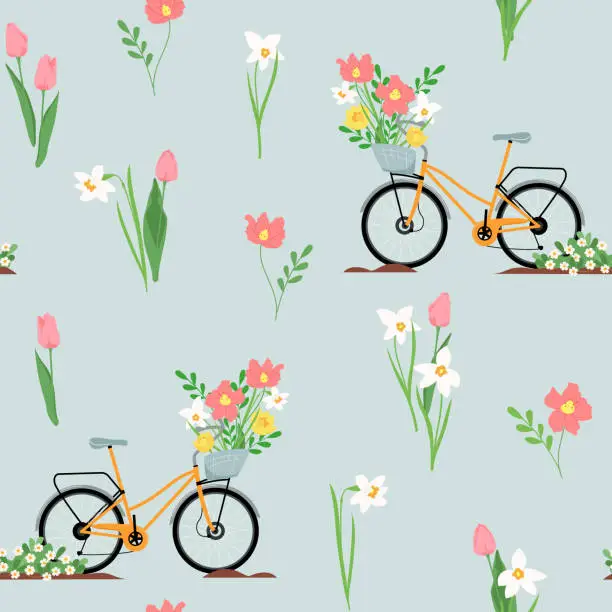 Vector illustration of Beautiful vector seamless floral pattern with spring flowers tulips, daffodils and bicycle. Endless pattern can be used for fabric, wallpaper, pattern fills, web page background, surface textures.