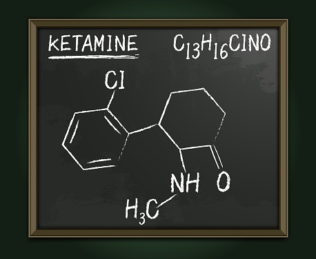 Ketamine, ketalar molecule. Structural chemical formula. Dissociative anesthetic. Pain management tool. Vector illustration isolated on a dark background. Vertical banner. Medical, scientific poster