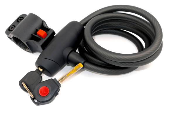 istock Bicycle lock with keys up close on a white background 1921635788
