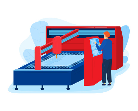 Man operating a large red and blue industrial cutting machine. Worker uses touchscreen panel for CNC equipment. Modern manufacturing and automation vector illustration.