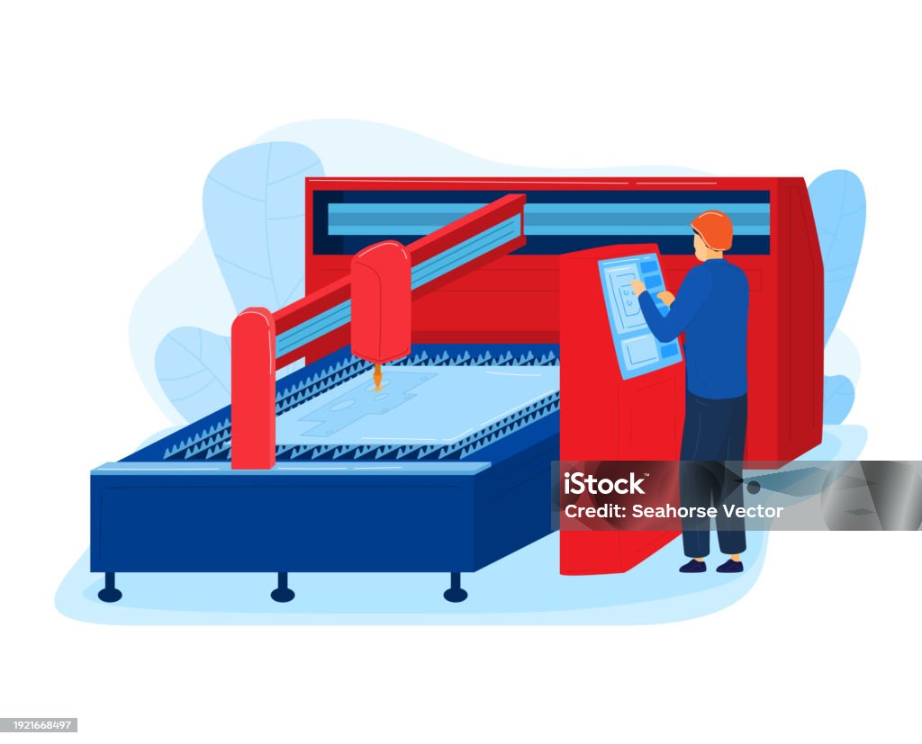 Machine Cutter Graphics Man Operating A Large Red And Blue Industrial Cutting Machine Worker ...