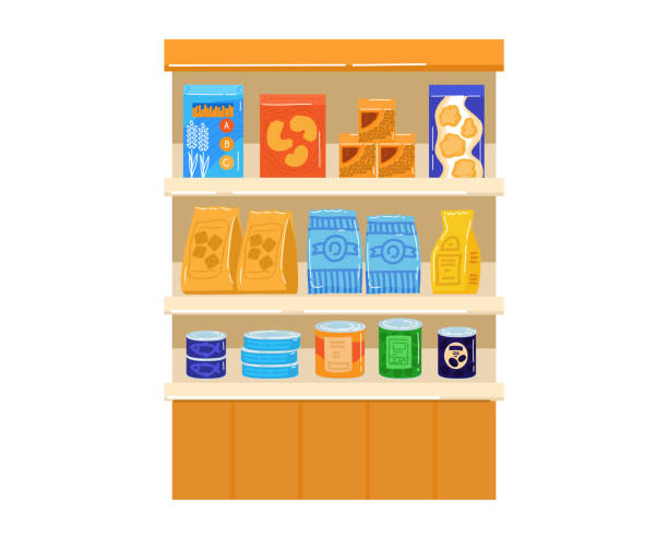 Pet food shelves with various dog and cat food packages. Supermarket aisle with assortment of animal care products vector illustration Pet food shelves with various dog and cat food packages. Supermarket aisle with assortment of animal care products vector illustration. grocery shelf cans stock illustrations