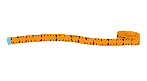 Measuring tape rolled and stretched out, orange tailor tape measure, sewing tool.