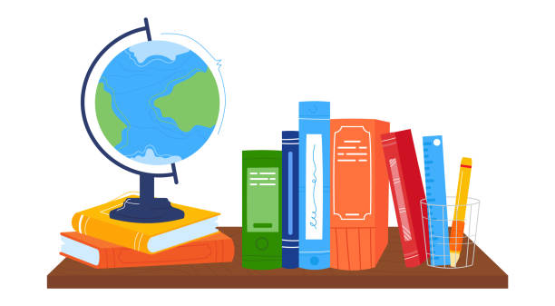 istock Stack of colorful books with globe on top, pencil and ruler in cup. Educational tools for school, geography study vector illustration 1921669641