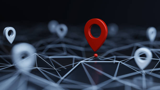 istock Red unique map pin / location pin icon surrounded other small ones on the abstract geometric low polygonal surface with plexus effect 1921672351