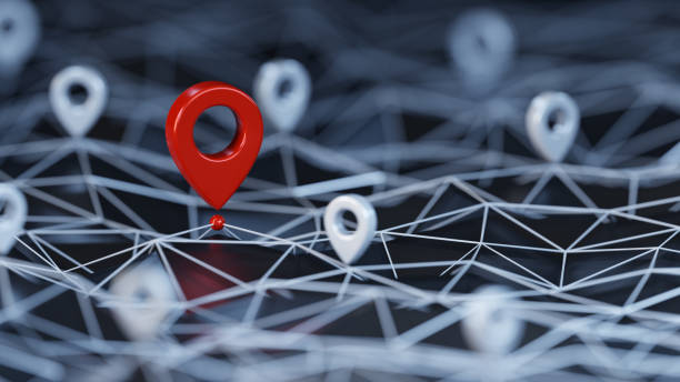 istock Red unique map pin / location pin icon surrounded other small ones on the abstract geometric low polygonal surface with plexus effect 1921672389