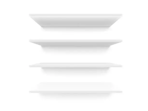 Vector illustration of Empty white clean shelves. 3d vector illustration