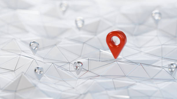 Red unique map pin / location pin icon surrounded other small ones on the abstract geometric low polygonal surface with plexus effect